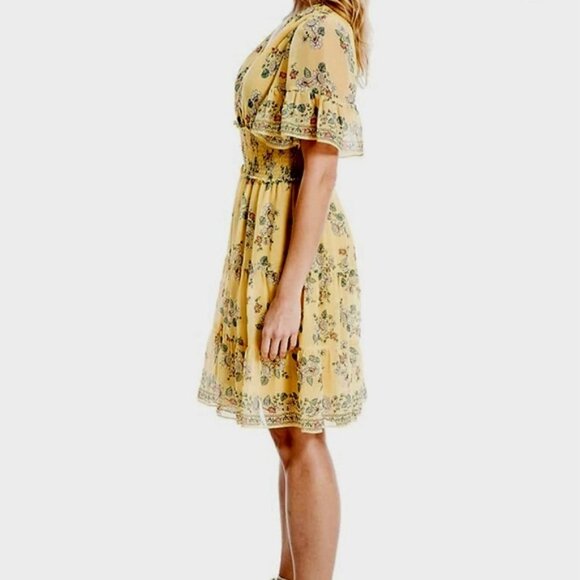 Max Studio Yellow Floral Flutter Sleeve Wrap Midi Dress, Size Medium - Picture 2 of 6